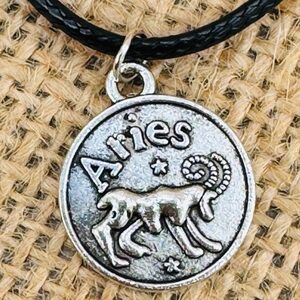 Aries Zodiac Necklace Silvertone Astrology Pendant On Black Leather Cord